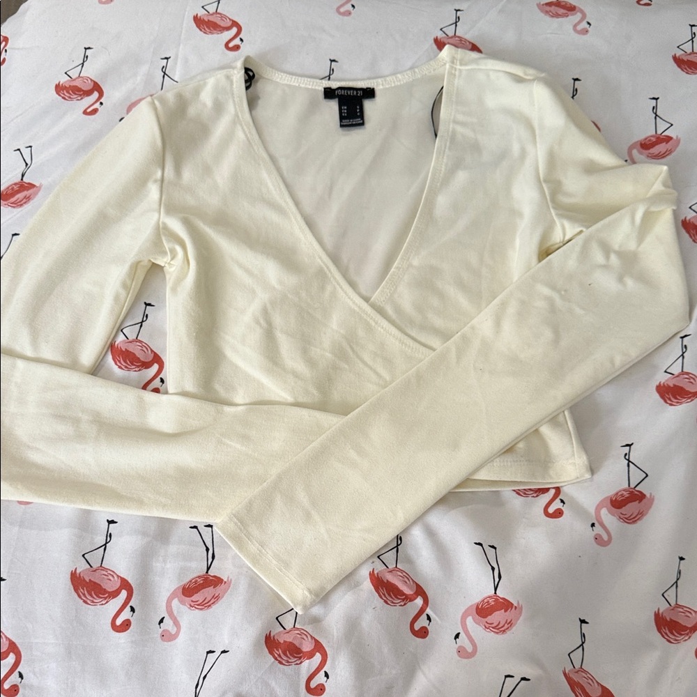 Forever 21 Cream Long Sleeve V-Neck Basic Surplice Crop Top